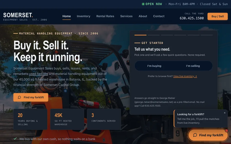 Somerset Equipment Sales homepage redesign: dark hero, buy/sell quote wizard, live inventory